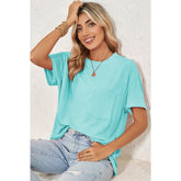 Turquoise Crinkle Rib Knit Pocketed LoS-L = OSe Fit Crew Neck T Shirt